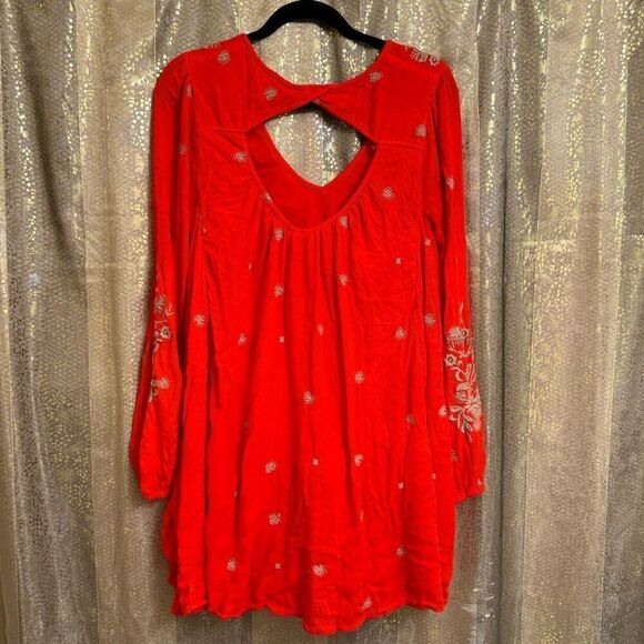 Free People Sweet Tennessee Red Tan Embroidered Long Sleeve Dress - Picture 8 of 9